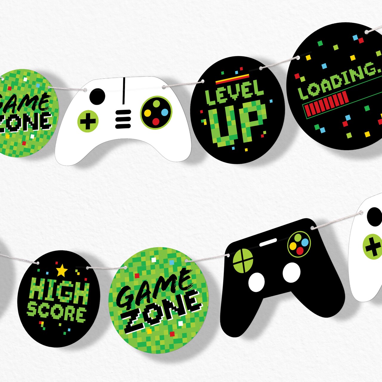 Big Dot of Happiness Video Game Garland Banner Pixel Game Zone Party or Birthday Party Backdrop 30 Ft of Cord 15 Double Sided Paper Controller Shapes